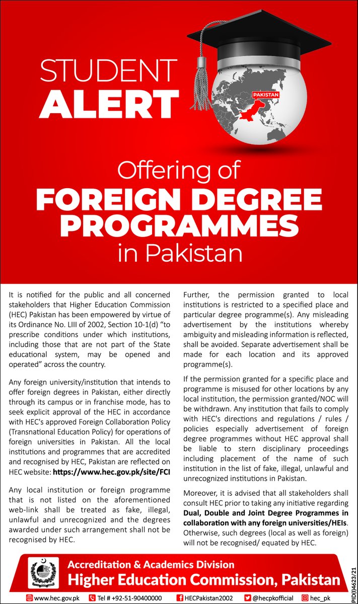 hecpkofficial's tweet photo. #StudentAlert - Any #foreignuniversity that intends to offer foreign degrees in Pakistan has to seek explicit approval from HEC.

For List of Foreign Universities/Institutions allowed under Collaborative Degree Programmes in Pakistan, visit https://t.co/q1tI0krsSy https://t.co/4XYcNcVKkf
