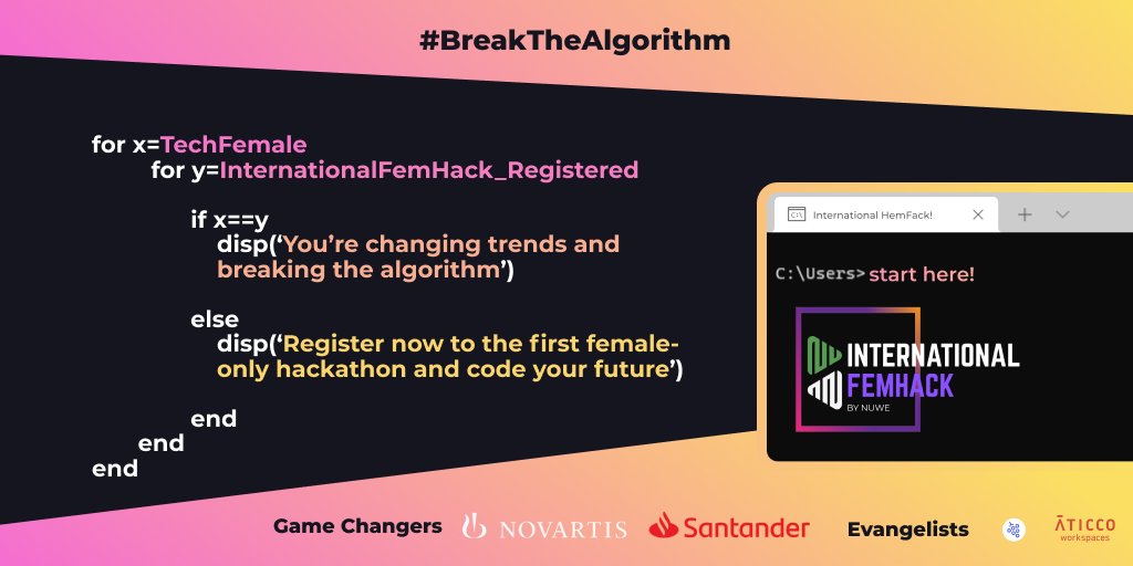 NuweIo's tweet photo. 👩🏻‍💻 #FemHack
 
There is one week left for The International FemHack event to start! 🏁
 
Are you ready? 🔥
 
📆 21st to 23rd January 2022
🌐 On-line and worldwide
➡️ https://t.co/pgAcFcYjtS
 
See u there. Let's #BreakTheAlgorithm 💥
 
#InternationalFemHack #WomenInSTEM https://t.co/4nAqf5CuLJ