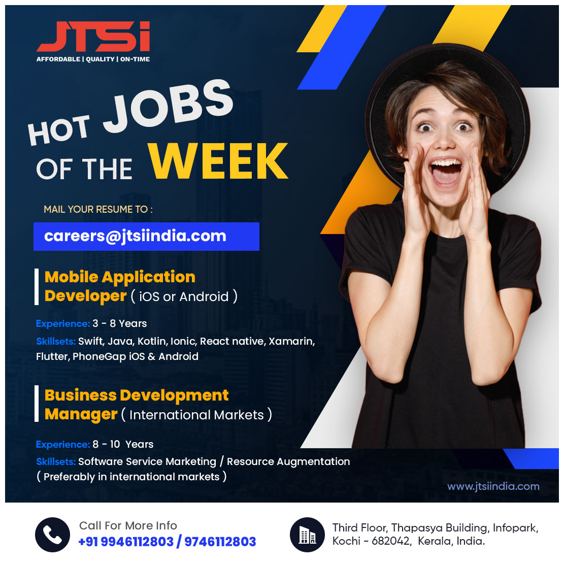 Jtsiindia's tweet photo. #hotjobsalert #hotjobs of #theweek
1. Mobile Application Developer (iOS/Android)
Exp: 3 - 8 Yrs
Skills: Swift, Java, Kotlin, Ionic, React Native, Xamarin, Flutter, PhoneGap
2. Business Development Manager 
Exp: 8 - 10 Yrs
Skills: Software Service Marketing / Resource Augmentation https://t.co/aEZC1HQnvT