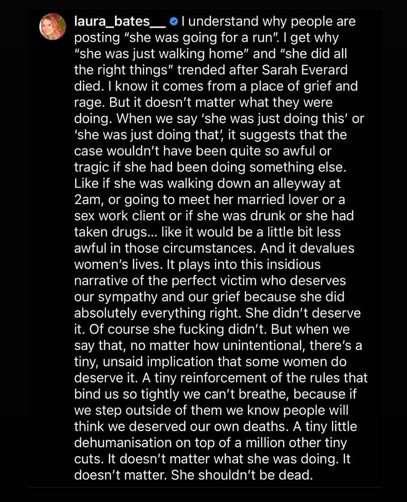 SophieJoWasson's tweet image. Something that’s been niggling away at me yesterday and today, very well articulated by Laura Bates. It doesn’t matter what she was doing.