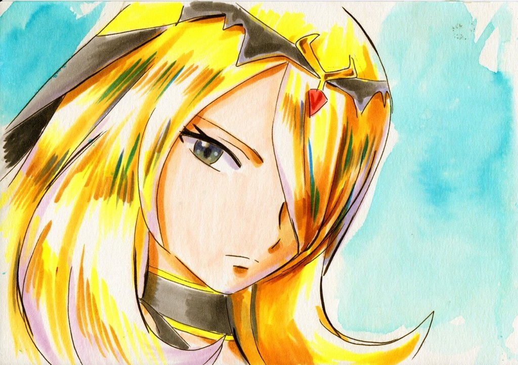 cynthia (pokemon) 1girl solo blonde hair long hair closed mouth hair over one eye traditional media  illustration images