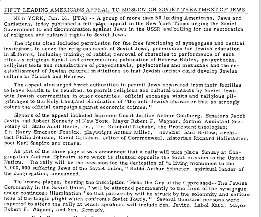 WashingtonViews's tweet photo. #OnThisDay in 1965: @JTANews reported on a full-page appeal in the @NYTimes on behalf of the Soviet Jews. Signatories included #RFK &amp; #RienholdNiebuhr  "Fifty Leading Americans Appeal to Moscow on Soviet Treatment of Jews" https://t.co/mxKt8ZyaPn #SovietJewry @NCSEJ @AJHSNYC https://t.co/iv0C9N6EFW