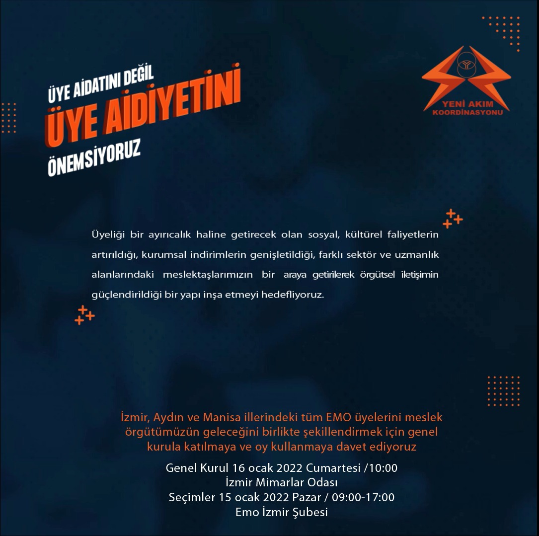 Önceliğimiz aidat değil aidiyettir. Tüm üyelerimizin, kendilerini bu yüce kuruluşun bir parçası olduklarını hissetmesini hedefliyoruz ve istiyoruz.

#emo #yeniakim #genç #türkiye #mühendis