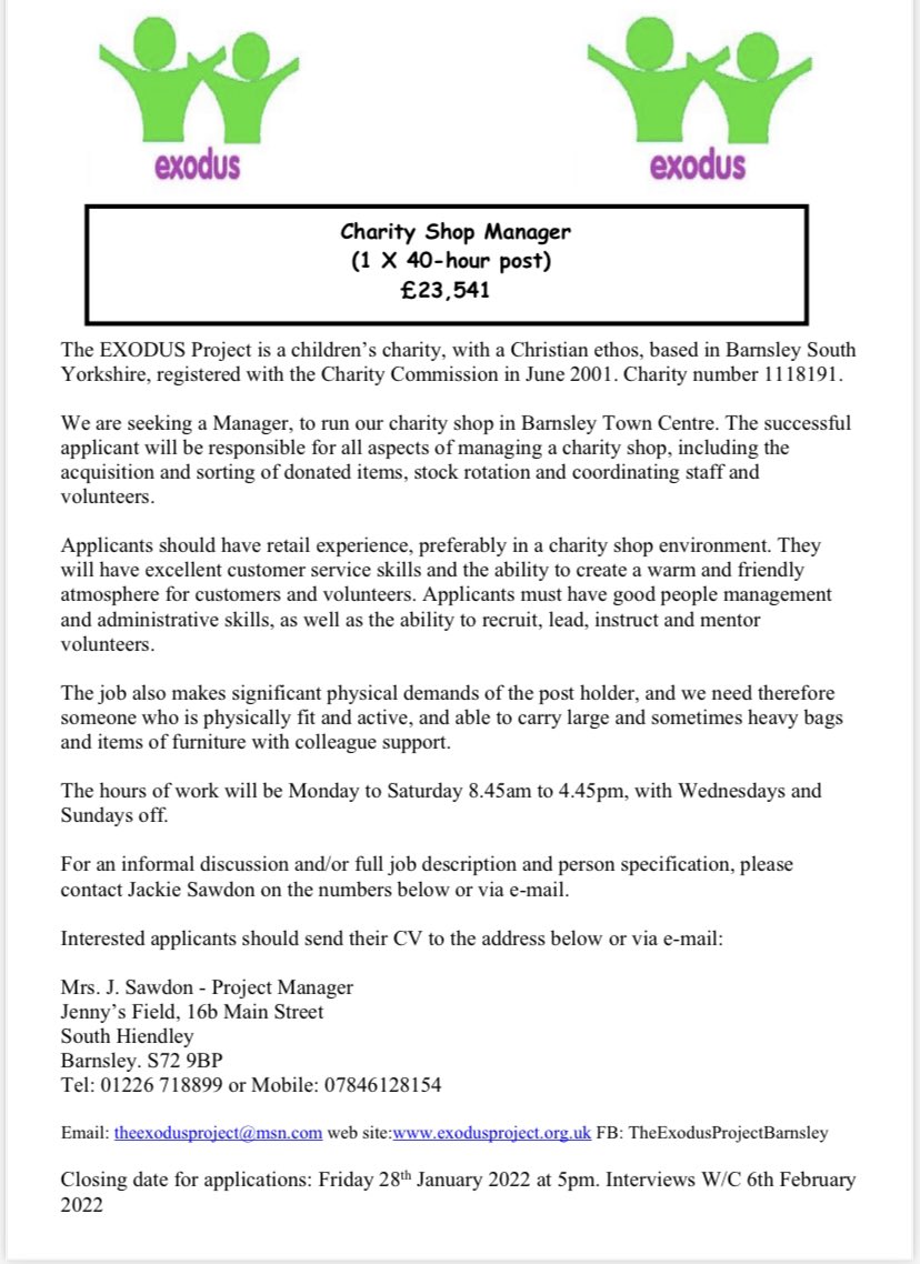 An exciting opportunity has come up for the right person! 
We are seeking a Manager, to run our charity shop in Barnsley Town Centre. The successful applicant will be responsible for all aspects of managing a charity shop.

Please see advert below for full details