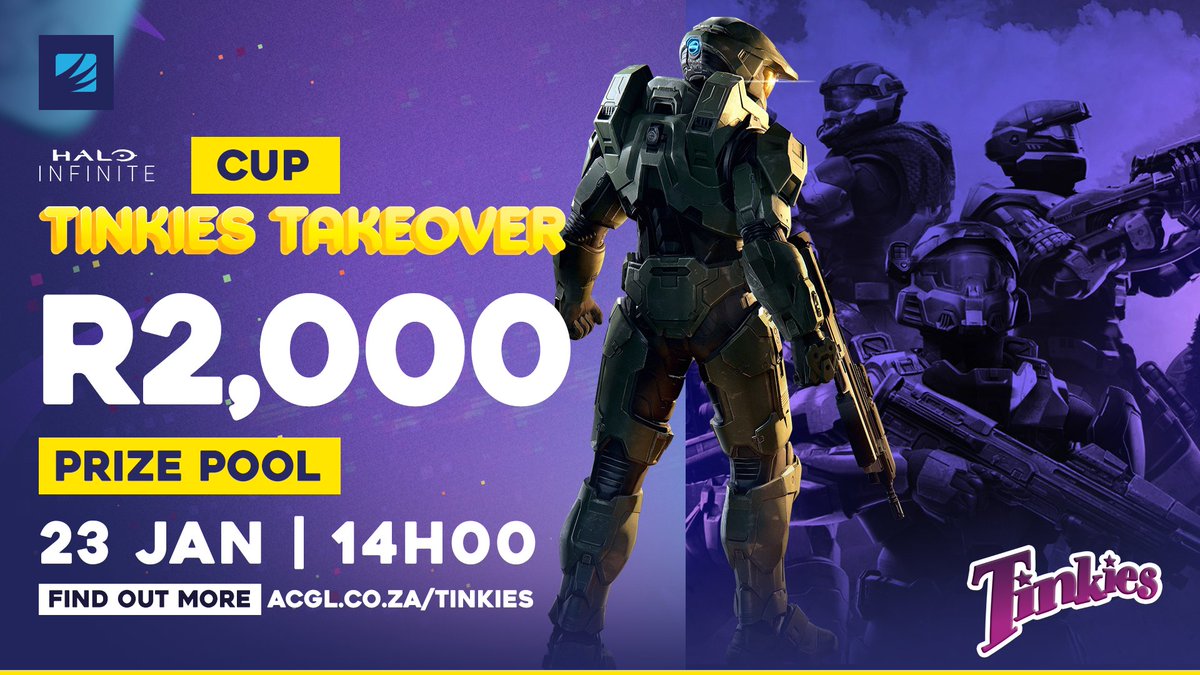 AfricanGaming's tweet photo. 📢 #HaloInfinite players!

👥 Squad up for our next #Halo cash cup on 23 January.

📝 Register for the #TinkiesTakeover cup here: https://t.co/CG80uYHc7P

#SAgaming #GamingZA #gaming #SAesports #EsportsZA #esports #AfricanEsports #HaloZA https://t.co/RbR3i9Z8dr