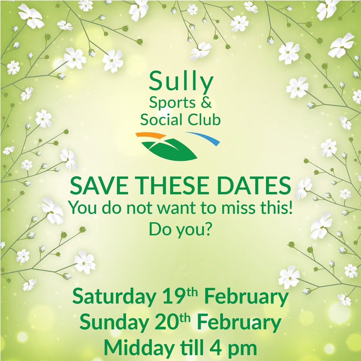 SullyClub's tweet image. SAVE THESE DATES FOR YOUR DIARY.

Saturday 19th February and Sunday 20th February, midday till 4 pm.

Big goings-on at the Sully Sports and Social.