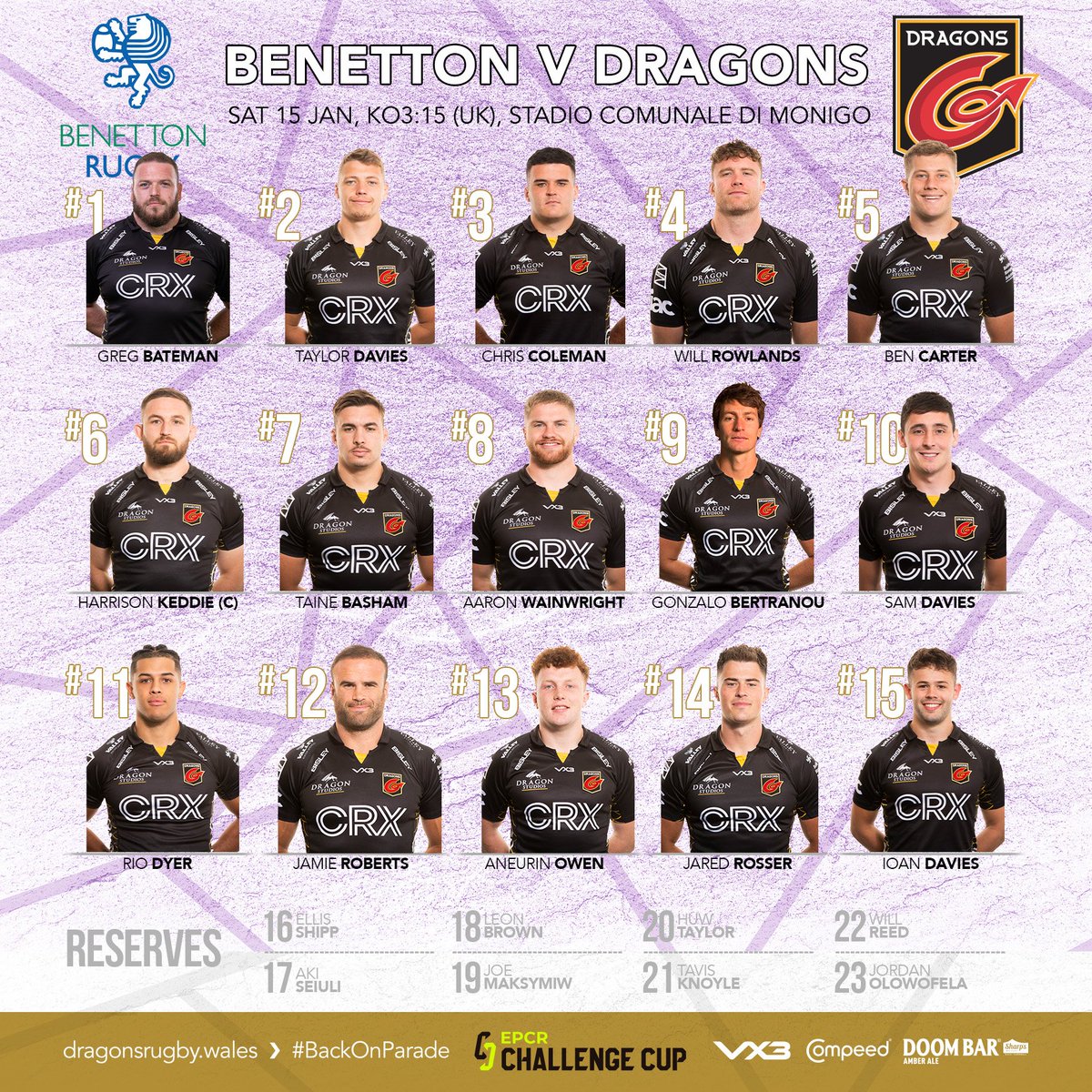 🚨 TEAM | Team is 🆙️ to take on <a href="/BenettonRugby/">Benetton Rugby 🦁</a> in round 3️⃣ of <a href="/ChallengeCup_/">EPCR Challenge Cup</a> action tomorrow afternoon! 🙌

7️⃣Changes to starting XV
🔙<a href="/wrowlands45/">Will Rowlands</a>, <a href="/gbertranou/">Gonzalo Bertranou</a> &amp; <a href="/Jamiehuwroberts/">Jamie Roberts</a> all return!
💪<a href="/IoanD99/">Ioan Davies</a> recalled from loan
🆕️Potential 🐉 debut for <a href="/__willreed/">Will Reed</a>

#BringYourFire🔥