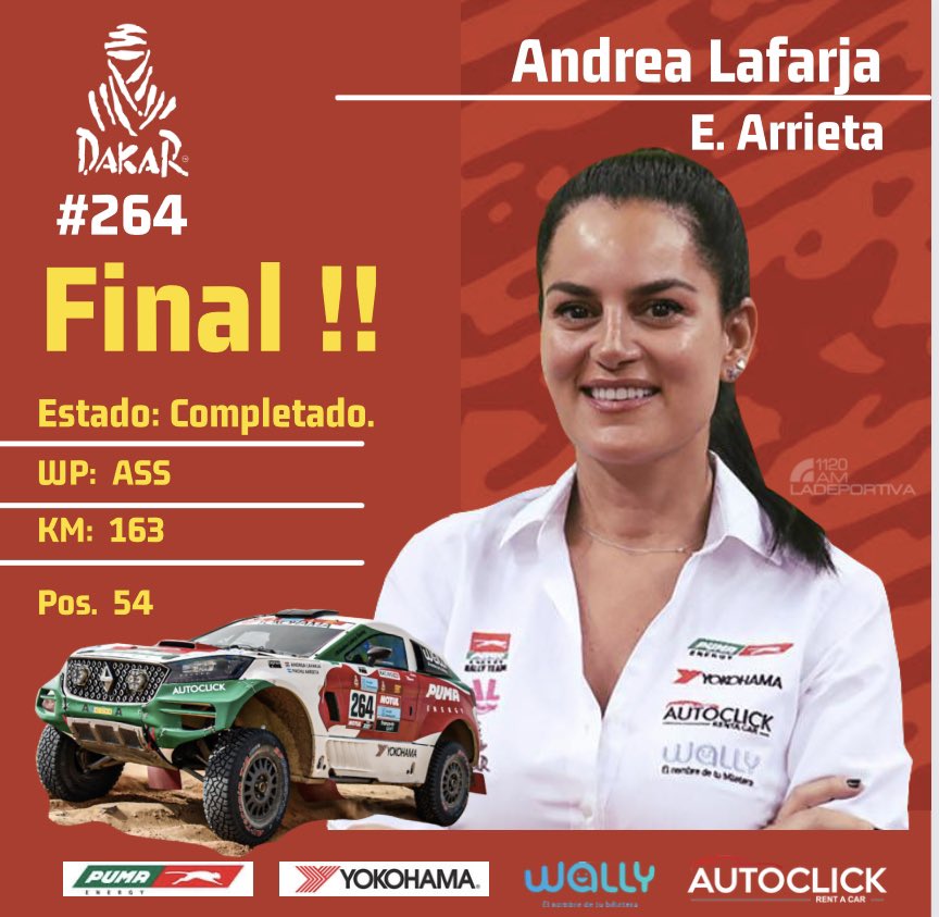 AHORA!! Andrea Lafarja acaba el Rally Dakar!! Y es la única representa paraguaya en hacer. Felicidades a Andrea y Pachu lo merecen !!