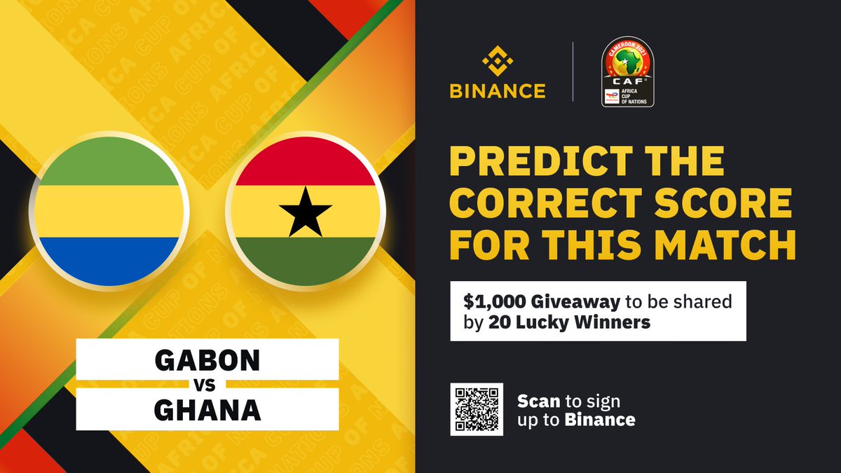 #Matchday6

Yesterday was a shocker but we move!😅

Another $1,000 👉 20 lucky winners💰 

🌟Sign up on Binance
🌟 Guess the right scoreline: 🇬🇦- 🇬🇭 
🌟 Fill 👉 forms.gle/YShVvFgW8ELNoC…

Let's go ⚽️

#WhoIsBinance #AFCON2021