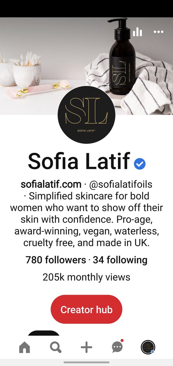 sofialatifoils's tweet photo. My first blue tick! I love @Pinterest personally and my business has thrived with them #verified #Pinterest #veganskincare #indiebeauty #bluetick https://t.co/9DQHKBFGNQ