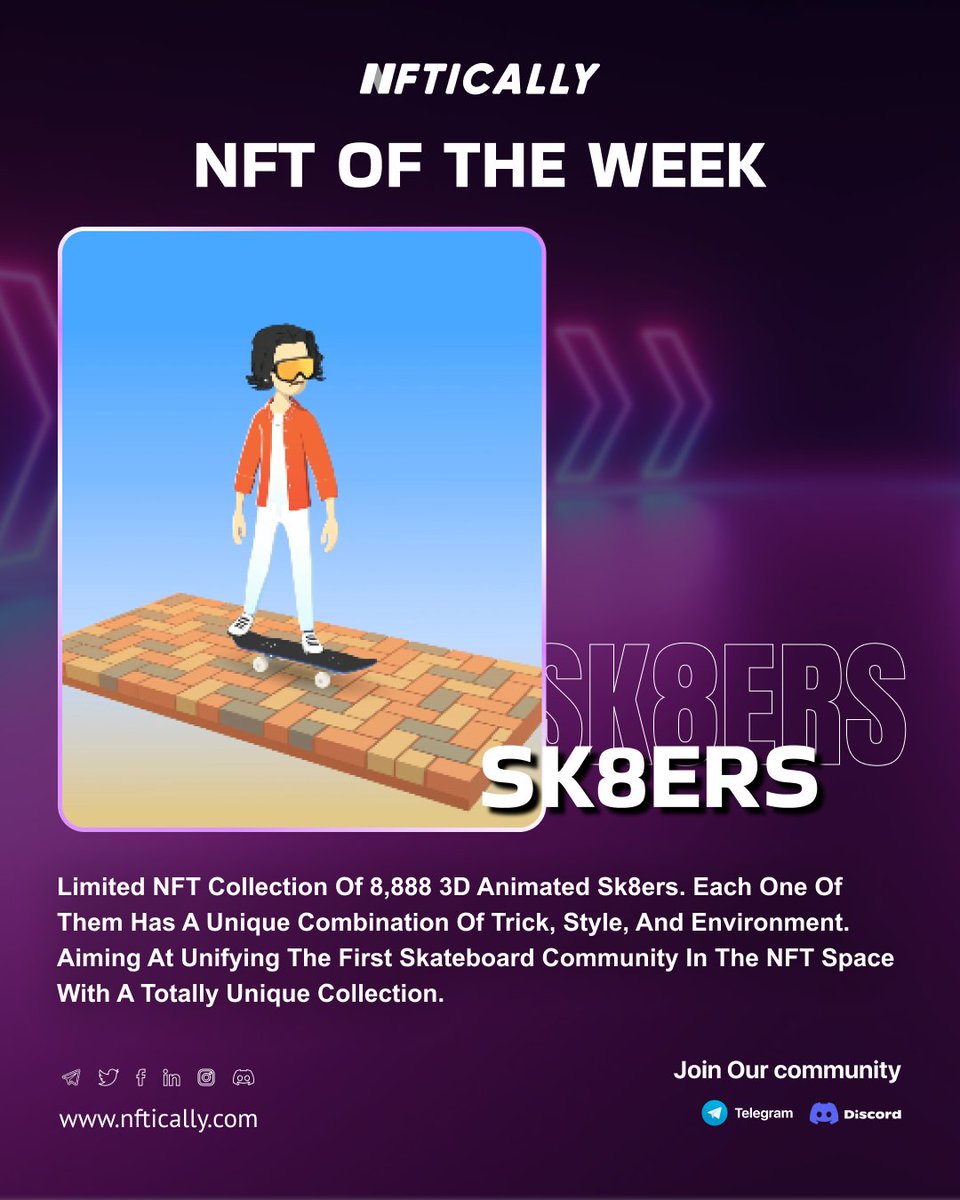 NFTICALLY's tweet image. 🧐NFT of the Week🧐
This week's NFT shoutout goes to none other than Sk8ers!!! @Sk8ersNFT 🛹

Follow us to discover cool #NFT nominations every week.

To participate in the Hottest #NFT of the week #contest &amp;amp; win Free #NFTs, join Discord: l.linklyhq.com/l/eZej

#nftart #NFTs