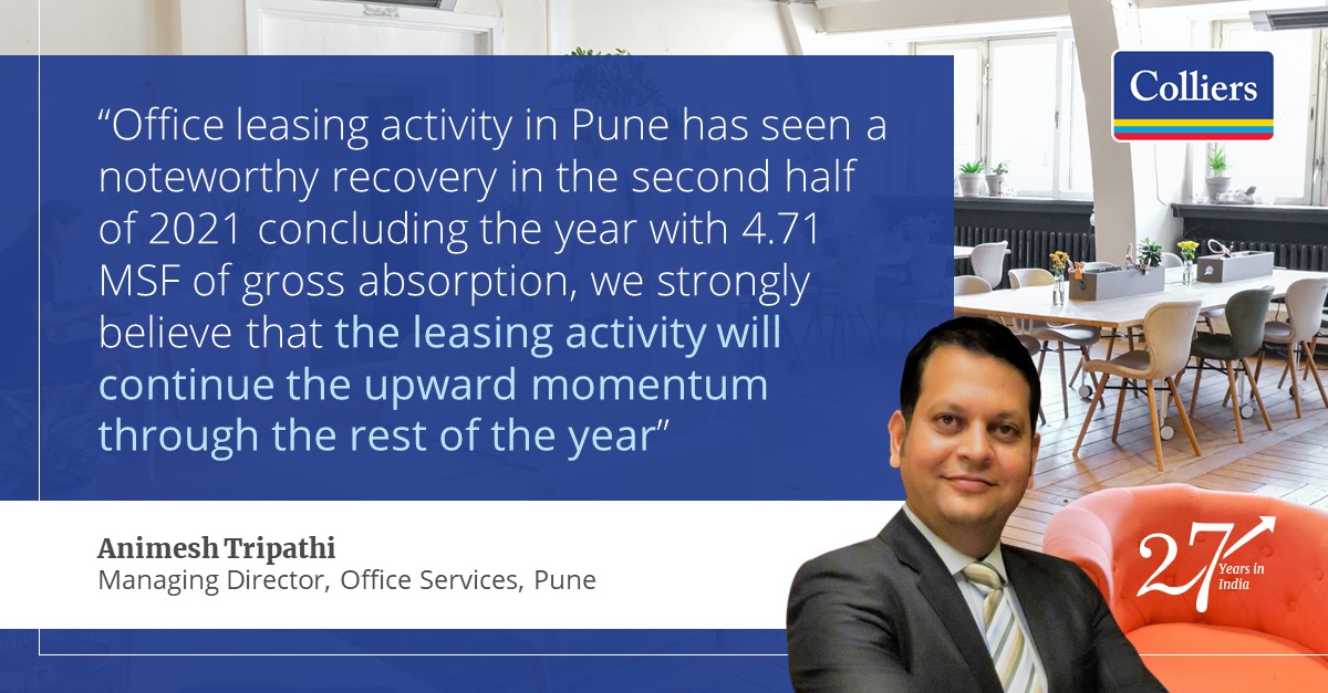 colliers_ind's tweet photo. Animesh Tripathi shared that the office leasing activity in Pune has seen a noteworthy recovery in the second half of 2021 concluding the year with 4.71 MSF of gross absorption.

To #seewhatcouldbe: https://t.co/tw6VBAzFfr

#ColliersIndia #OfficeServices #OccupierServices #india https://t.co/CpIK2y2buG