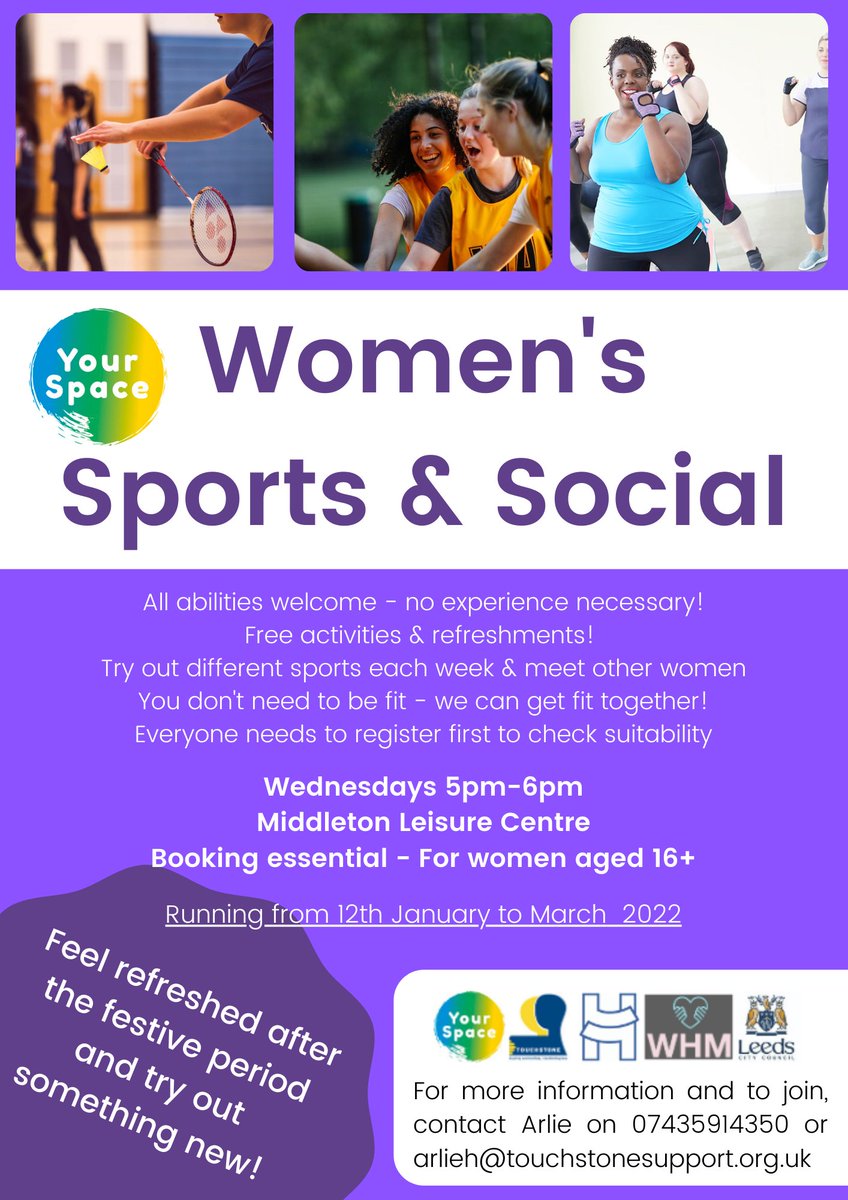 We are excited to offer a new FREE group for Women from South Leeds The women's sports & social group at Middleton Leisure Centre is a great way to meet others and try something different Interested in joining? Contact Arlie 07435914350/arlieh@touchstonesupport.org.uk