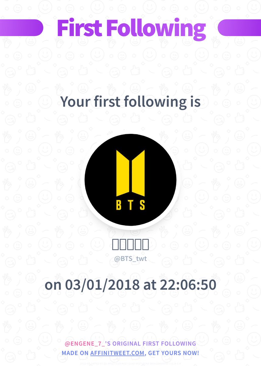 ENgene_7_'s tweet photo. ✨ First Following

I just discovered my first following on Twitter, it's BTS_twt and I followed them on 03/01/2018 at 22:06:50!
Who's your first following?

➡️ https://t.co/5gYuXrv47x https://t.co/GWaR6oSc53
