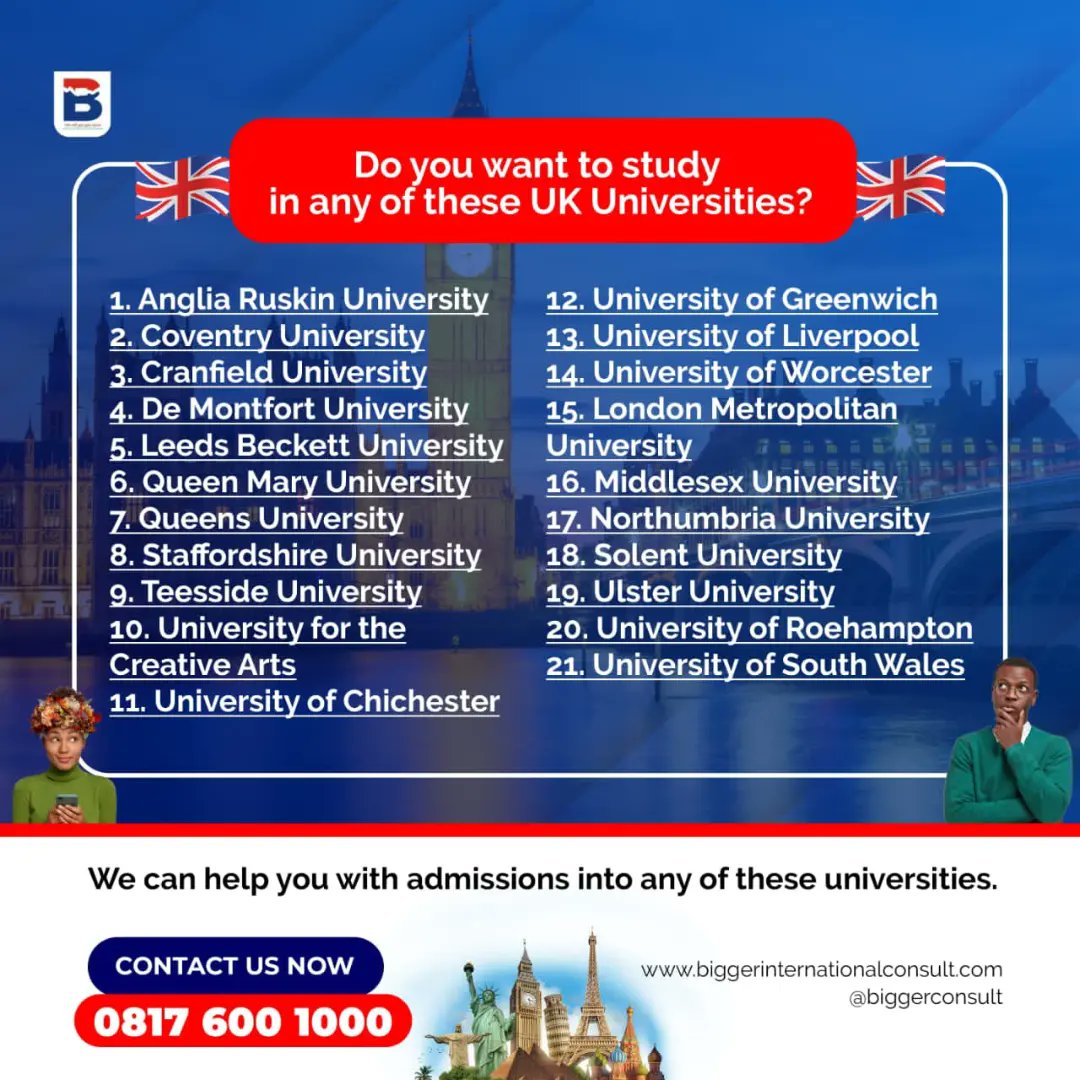biggerconsult1's tweet photo. Planning to study in the UK this year?
We got you!
Reach out to us today. https://t.co/8U5I38MMGK