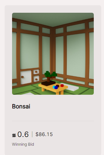 RoomsSolana's tweet photo. The second auction for the piece "Bonsai" has ended.
Winning bid: 0.6 SOL

Congratulations to the buyer and feel free to reach out if you have any further questions about the project either via dm or in the discord.

The next piece will go live tomorrow on @holaplex as usual. https://t.co/ztrLOawEhS