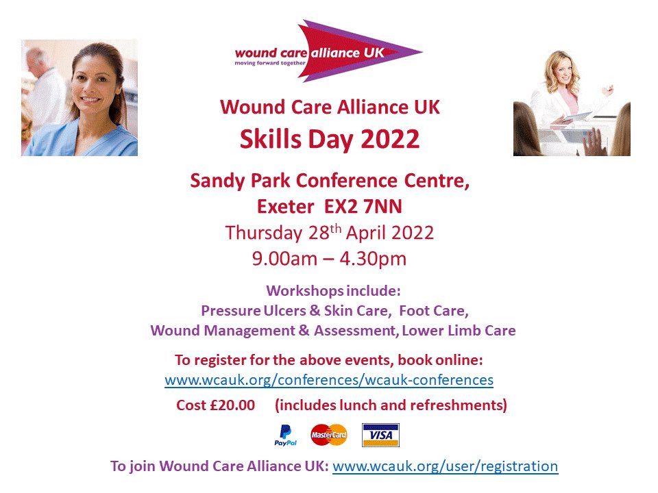 infowcauk's tweet photo. Wound Care Alliance Skills Day 2022 will be held at Sandy Park Conference Centre, Exeter on 28th April 2022.  Please register on line www,https://t.co/e2WGI2acO3 https://t.co/y5PvVocZ6w