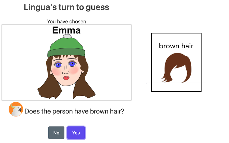 Today's question: "Does the person have brown hair?" Play "Guess Who" at asklingua.com and learn some English vocabulary and phrases. #LearnEnglish #tefl #efl