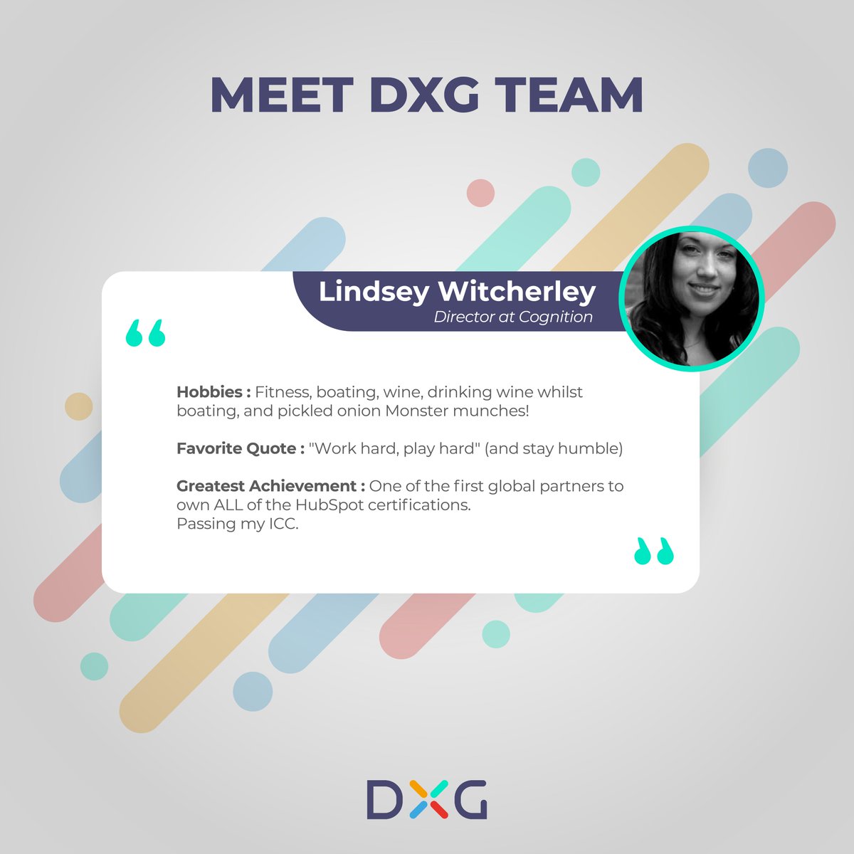 DXGroupGlobal's tweet photo. Get to know the DXG team! Lindsey Witcherley, the Director at @CognitionAgency , shares some fun facts about herself.

#DXGGlobal #DigitalTransformationGroup #HubSpotServices #MarketingAgency #InboundMarketing #HubSpot #GrowthMarketing #HubSpotPartners #DigitalAgency https://t.co/EPErurekUA