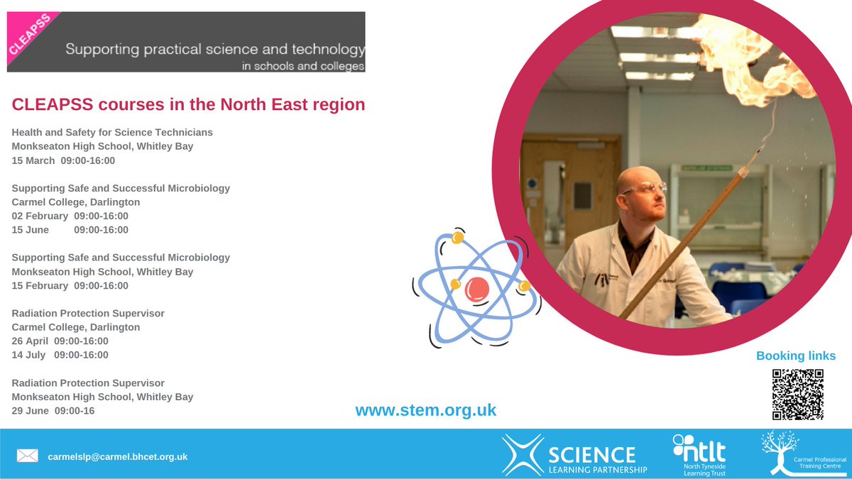 Durham &amp; Tees Valley SLP @SLPCarmel are thrilled to collaborate with @NTLT_ScienceLP and <a href="/CLEAPSS/">CLEAPSS 🏁</a> to bring you a programme of CLEAPSS courses for the North East region.
Contact carmelslp@carmel.bhcet.org.uk
<a href="/STEMLearningUK/">STEM Learning</a> #secondary #science