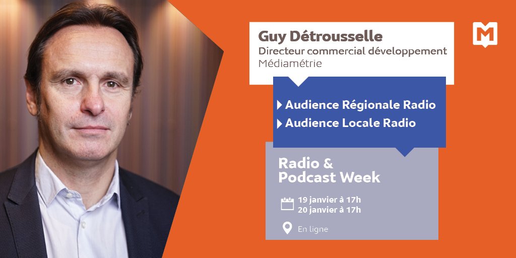 Mediametrie's tweet photo. 📻🎧 Retrouvez Guy Detrousselle à la #Radio & #Podcast #Week le 🗓️19 janvier à 17h pour l'#audience #régionale radio et le 🗓️ 20 janvier à 17h pour l'audience locale.
#RadioPodcastWeek @LaLettrePro
#radioweek #salonradio
👉 https://t.co/jHAmcxdJjo https://t.co/Fw5gXySWR7