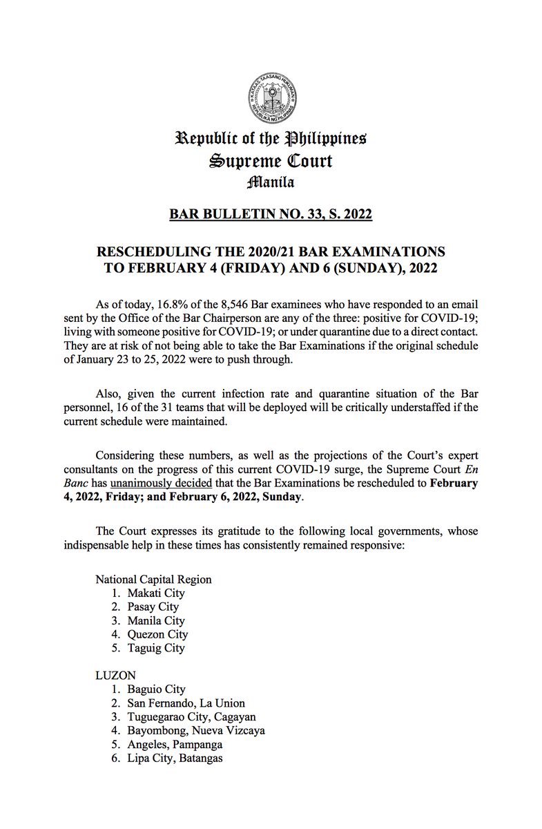 TheLaSallian's tweet photo. BREAKING: Bar Exams are rescheduled to February 4 to 6 by the Supreme Court in light of the surge in COVID-19 cases. | via @PhilstarNews https://t.co/7ls07yn0nW