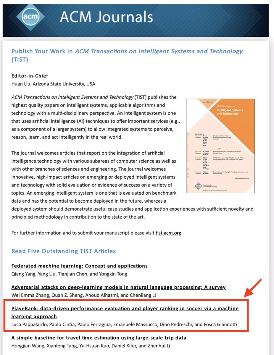 Our paper on #PlayeRank, about the evaluation of soccer players, among the "Five outstanding papers" in <a href="/ACMTIST/">ACM TIST</a> 
#sportsanalytics