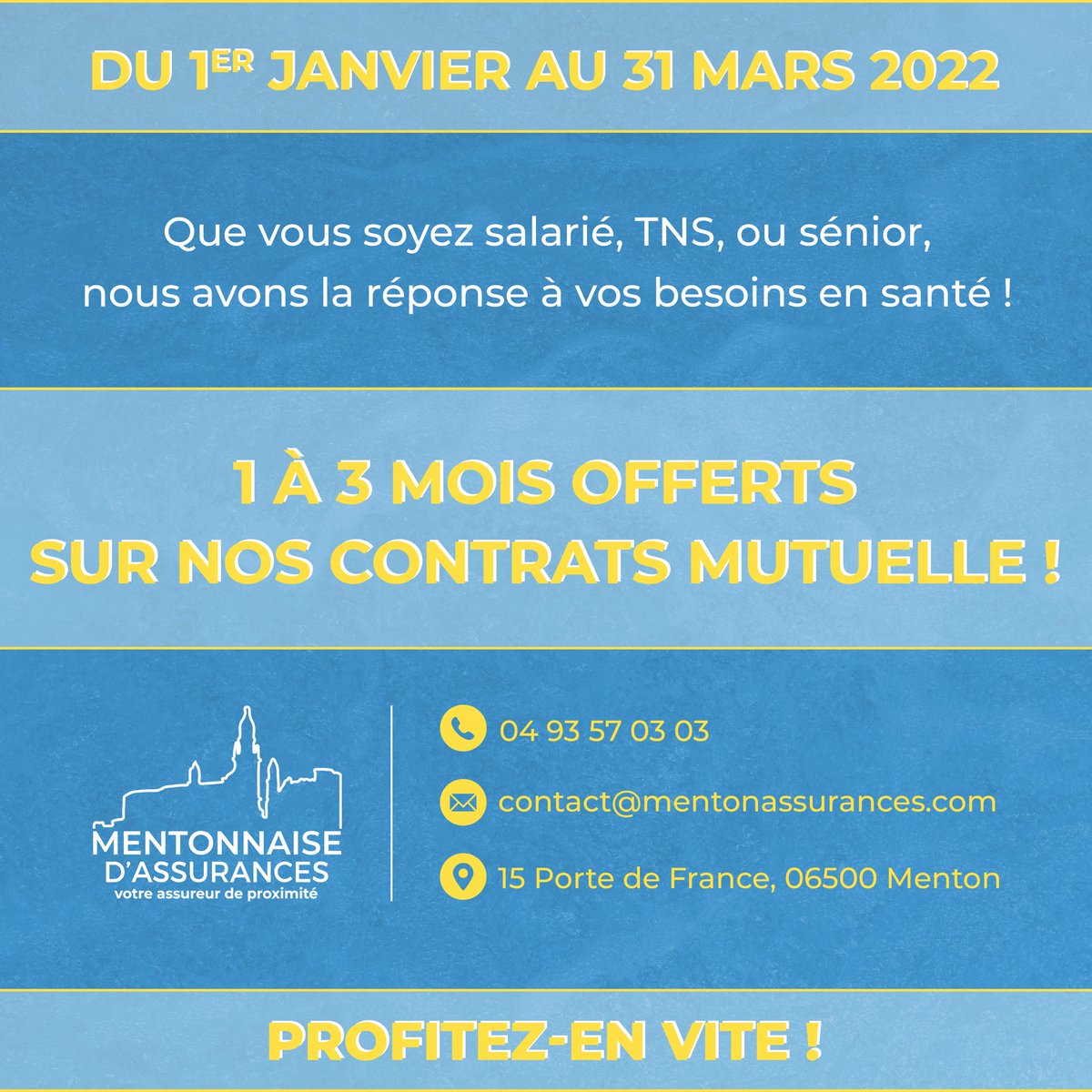 MentonnaiseAssu's tweet photo. ⚕️Nous avons la réponse à vos besoins en santé : 𝟭 à 𝟯 𝗺𝗼𝗶𝘀 𝗼𝗳𝗳𝗲𝗿𝘁𝘀 𝘀𝘂𝗿 𝗻𝗼𝘀 𝗰𝗼𝗻𝘁𝗿𝗮𝘁𝘀 𝗺𝘂𝘁𝘂𝗲𝗹𝗹𝗲 ! ✨
.
📞 04 93 57 03 03
📧 contact@mentonassurances.com
.
#cotedazur #frenchriviera #france #assurances #offre #santé #mutuelle #health #bienetre https://t.co/sPFxOYNWvl