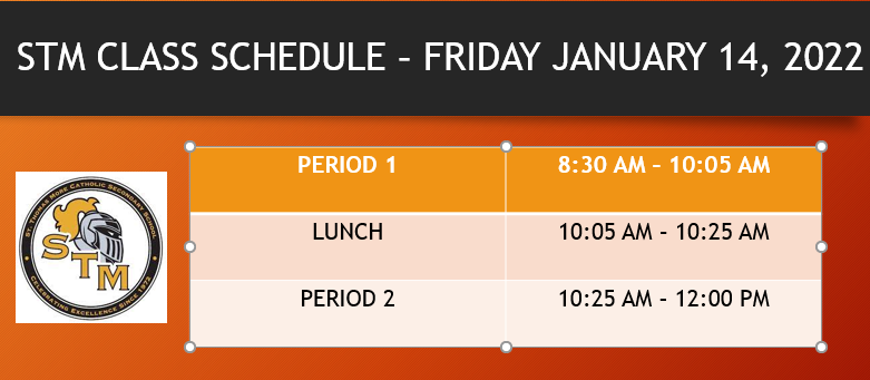 stmcss's tweet photo. STM students...please make note of the modified timetable for  synchronous learning on Friday January 14th 2022 . The afternoon will be asynchronous learning only. In-person learning resumes Monday January 17, 2022. For more details visit: https://t.co/h6YJ8zKbpo https://t.co/JaYo5oBJvF