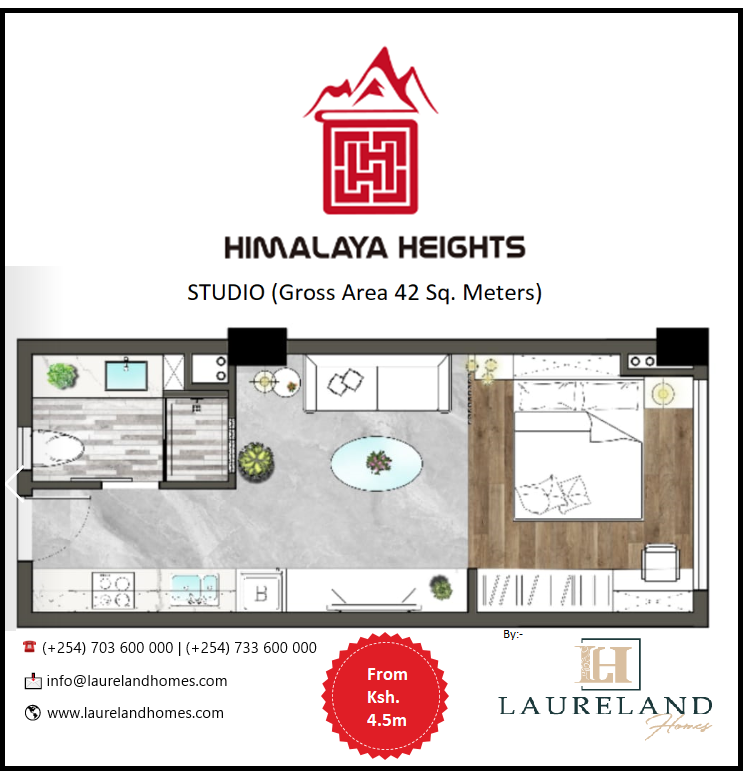 This Spacious Luxury Studio at Himalaya Heights, currently under construction along Kindaruma Road, Kilimani, Nairobi. Flexible Payment Plans &amp; Off-Plan Purchase are available. Call us:-
> (+254) 703 600 000 | (+254) 733 600 000
> info@laurelandhomes.com
> laurelandhomes.com
