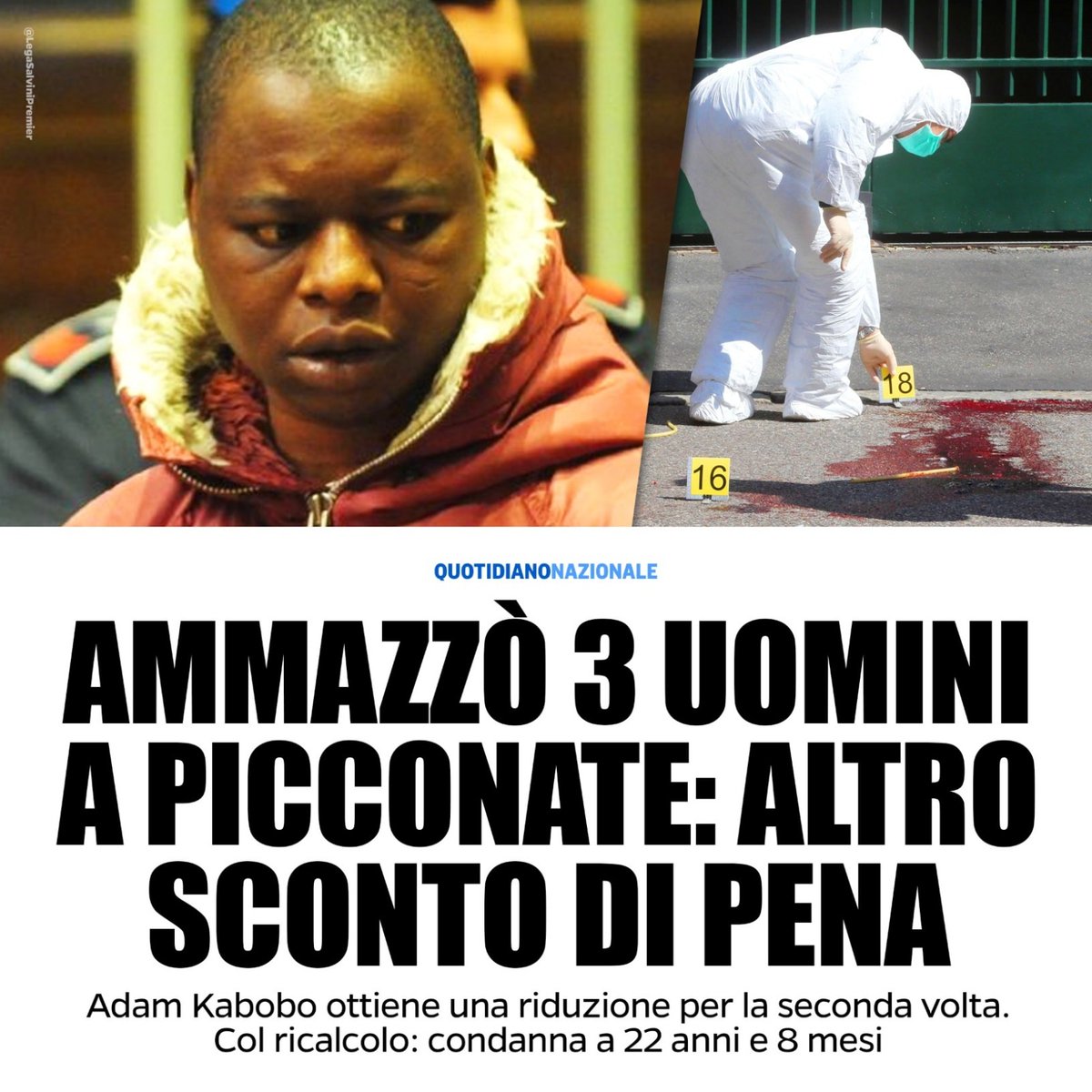 AlessioColzani's tweet photo. 🔴 #AMMAZZÒ TRE UOMINI A #PICCONATE: ALTRO #SCONTO DI PENA PER IL KILLER #KABOBO

Il picconatore Adamam Kabobo ottiene una riduzione per la seconda volta. Col ricalcolo: condanna a 22 anni e 8 mesi. @matteosalvinimi: "Chiamala, se vuoi, giustizia..." https://t.co/1c0IJeX9QZ