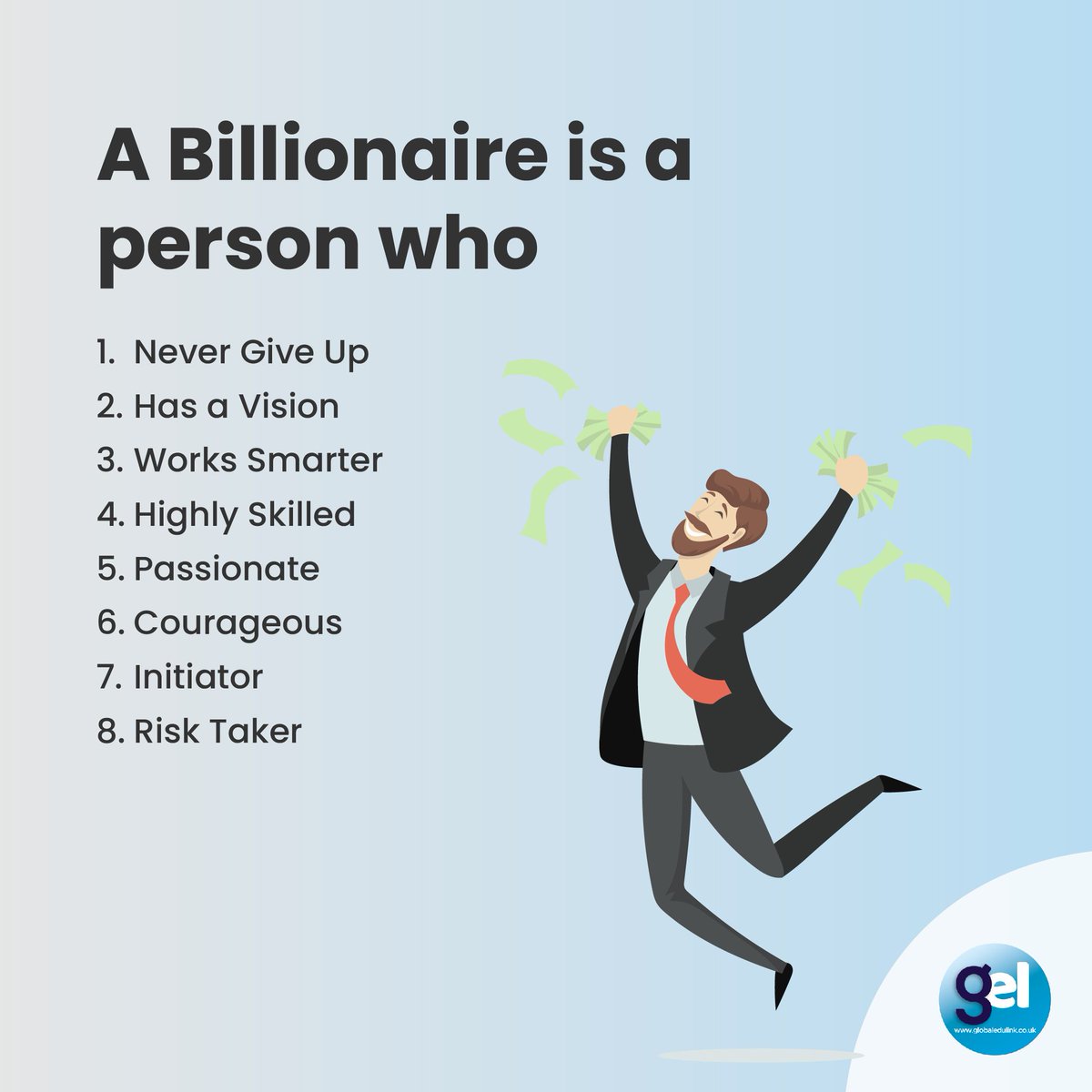 globaledulinkuk's tweet image. Remember! No one becomes rich overnight. Wealthy people know how to make money, while rich people only have it!
Learn the most in-demand skills here! ow.ly/kUyf50HukwY
#billionaire #worksmart #learntheskills #onlinecourses