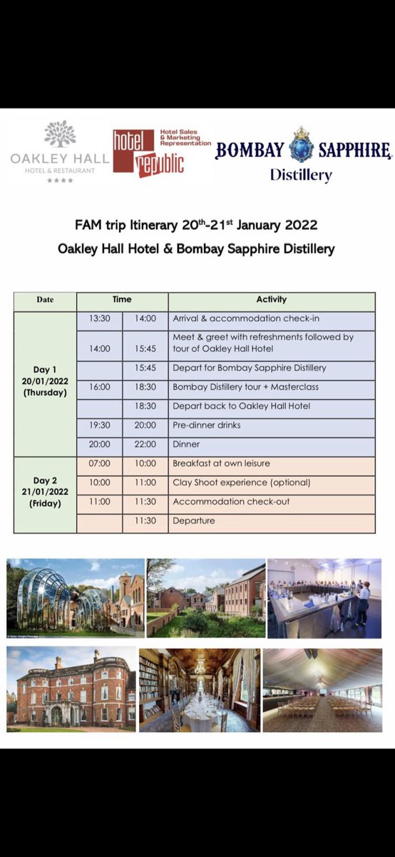 Excited about our very first fam trip for 2022. An overnight stay <a href="/oakleyhall/">Oakley Hall Hotel</a>  and a trip to <a href="/homeofbombay/">Bombay Sapphire Distillery</a> for a Cocktail masterclass including dinner and wine sponsored by all hotel republic partners. Can’t wait to catch up with our clients!   #famtrip #eventprofs #hotelsales