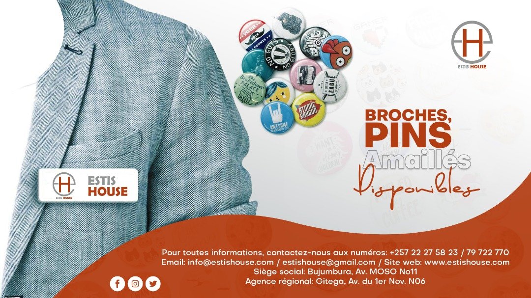 house_estis's tweet photo. Broches, pins émaillé.e.s disponibles  ESTIS HOUSE en quantité suffisante.
Envoyez-nous un message privé ou visitez ESTIS HOUSE, Avenue Moso N0 11,Rohero II, Bujumbura.
Contact:79 722 770 ou 22 27 58 23 https://t.co/OkZf7Pa5ID