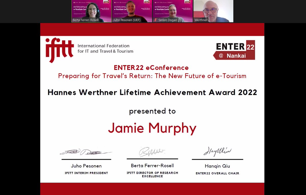 IFITTorg's tweet photo. We gratulate Jamie Murphy for winning the Hannes Werthner Lifetime Achievement Award. Jamie Murphy is a highly-cited academic who greatly contributed to a deeper understanding of what tourism is.
#IFITT #ifittawards #enter22 #tourism https://t.co/fHz59hF3lB