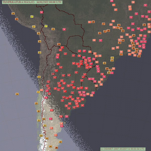  Ce 13 janvier, la #chaleur a été intense une fois de plus en #Argentine, avec une Tmin de 29,2°C à Bahia Blanca (#record), et une Tmax de 43,6°C ! Carte Ogimet. #argentina 