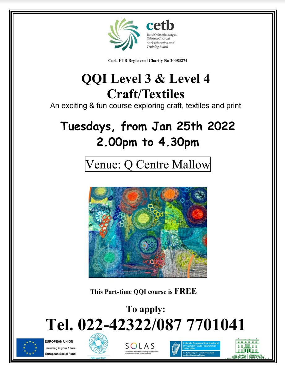 AvonBlack's tweet photo. CETB QQI Level 3 Craft/Textiles course starting soon in the Q Centre Mallow on Tuesday afternoons.  Contact Marion on 022 42322 for queries or registering. https://t.co/2sh1gzaNGn