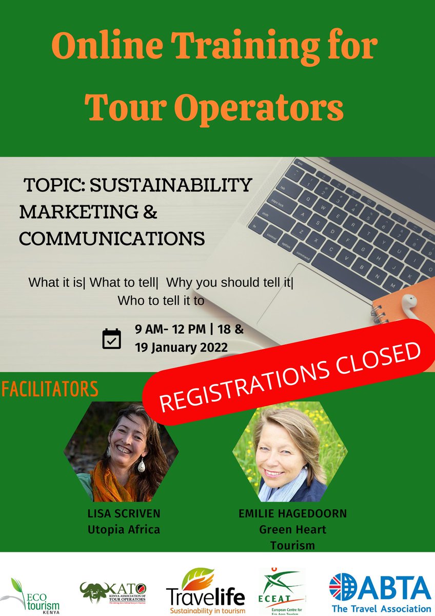 ecotourismkenya's tweet photo. Due to high demand, we wish to announce that the registration window for the online training on Sustainable Marketing &amp; Communications for tour operators is closed.
A big thank you to all who have registered.
#GreenTour #responsibletouroperator https://t.co/K6lGaY6p6c