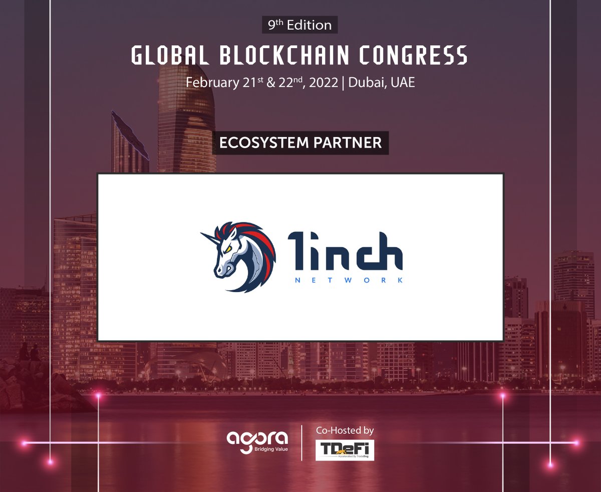 AgoraGBC's tweet photo. We are proud to announce @1inch as an Ecosystem Partner for our 9th Global Blockchain Congress.

@deacix , @WBenothman &amp; Nadia Venzhina we are happy to have you on board with us. https://t.co/X1WRKTXrZF