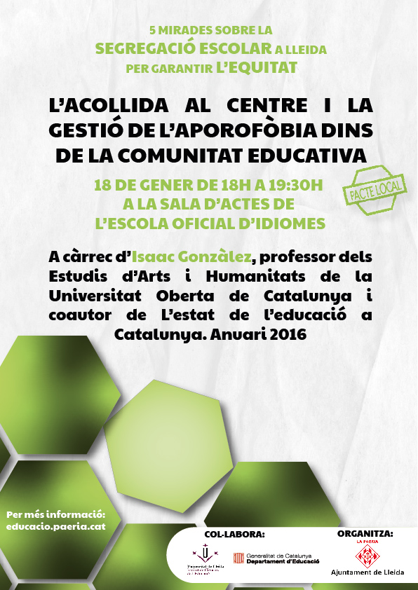 educaciolleida's tweet photo. El proper 18 de gener, xerrada d'Isaac Gonzàlez "L'acollida al centre i la gestió de l'aporofòbia dins de la comuniat edcuativa" - Cicle 5 mirades al voltant de la segregació escolar per garantir l'equitat. #PacteLocal per la prevenció de la segregació a #Lleida https://t.co/k3vwfxikQP