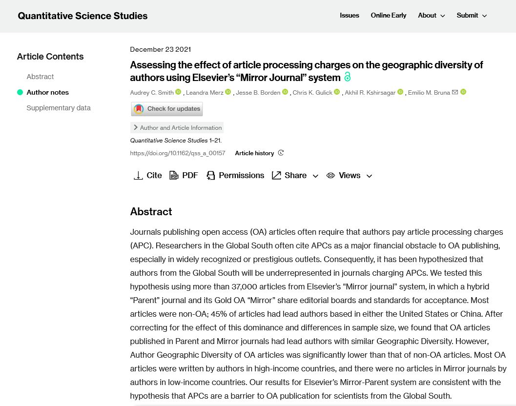 Fernando T. Maestre (@ftmaestre) on Twitter photo "there were no articles in Mirror journals by authors in low-income countries" Evidence using data from Elsevier journals that APCs are a barrier for scientists from the Global South. Smith & al in <a href="/QSS_ISSI/">Quantitative Science Studies</a> direct.mit.edu/qss/article/do… "there were no articles in Mirror journals by authors in low-income countries" Evidence using data from Elsevier journals that APCs are a barrier for scientists from the Global South. Smith & al in <a href="/QSS_ISSI/">Quantitative Science Studies</a> direct.mit.edu/qss/article/do…