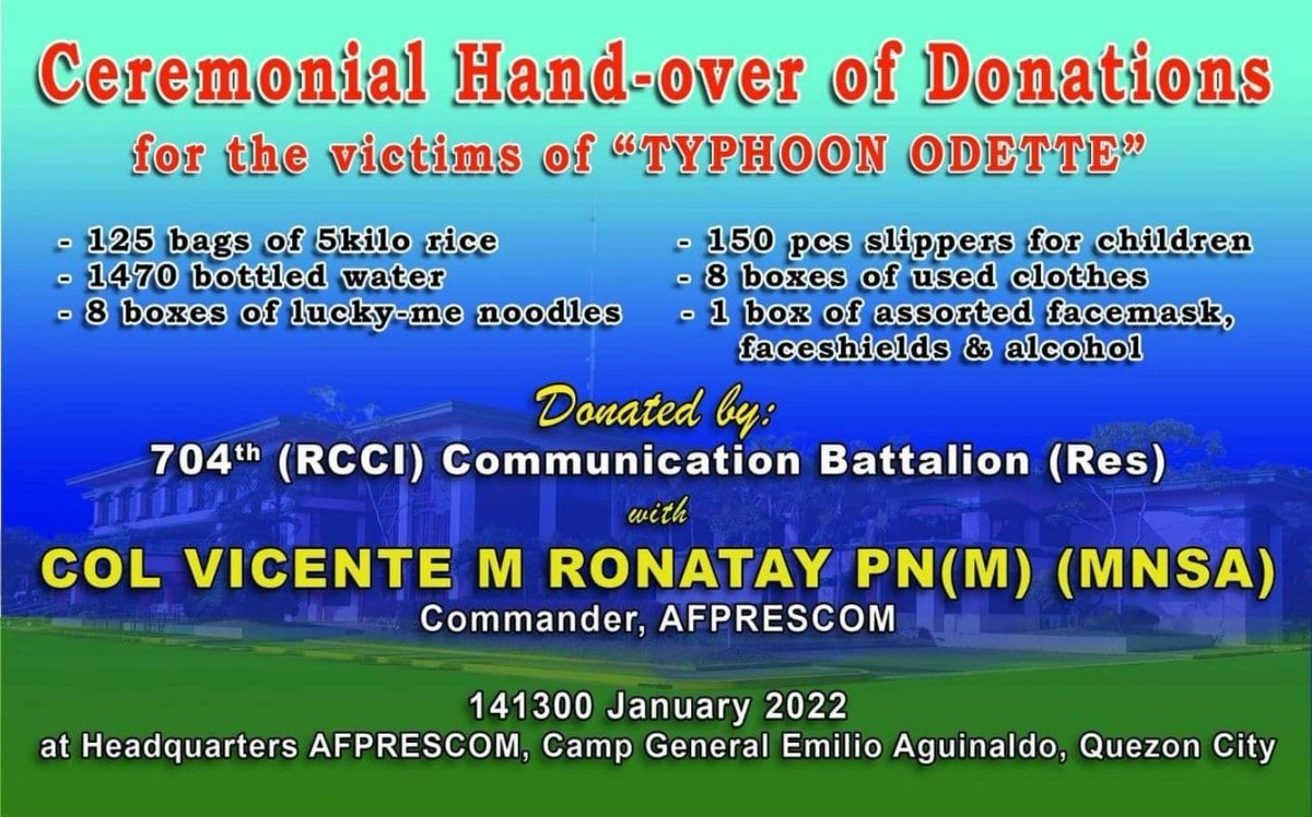 AFPRESCOfficial's tweet photo. The AFP Reserve Command conducted a Ceremonial Hand-over of donation of relief goods for the victims of typhoon Odette particularly in Eastern Visayas, Surigao Island and Bohol Provinces. The ceremony was spearheaded by Commander, AFPRESCOM, COL VICENTE M RONATAY PN(M) MNSA. https://t.co/pMXLfGmaEW