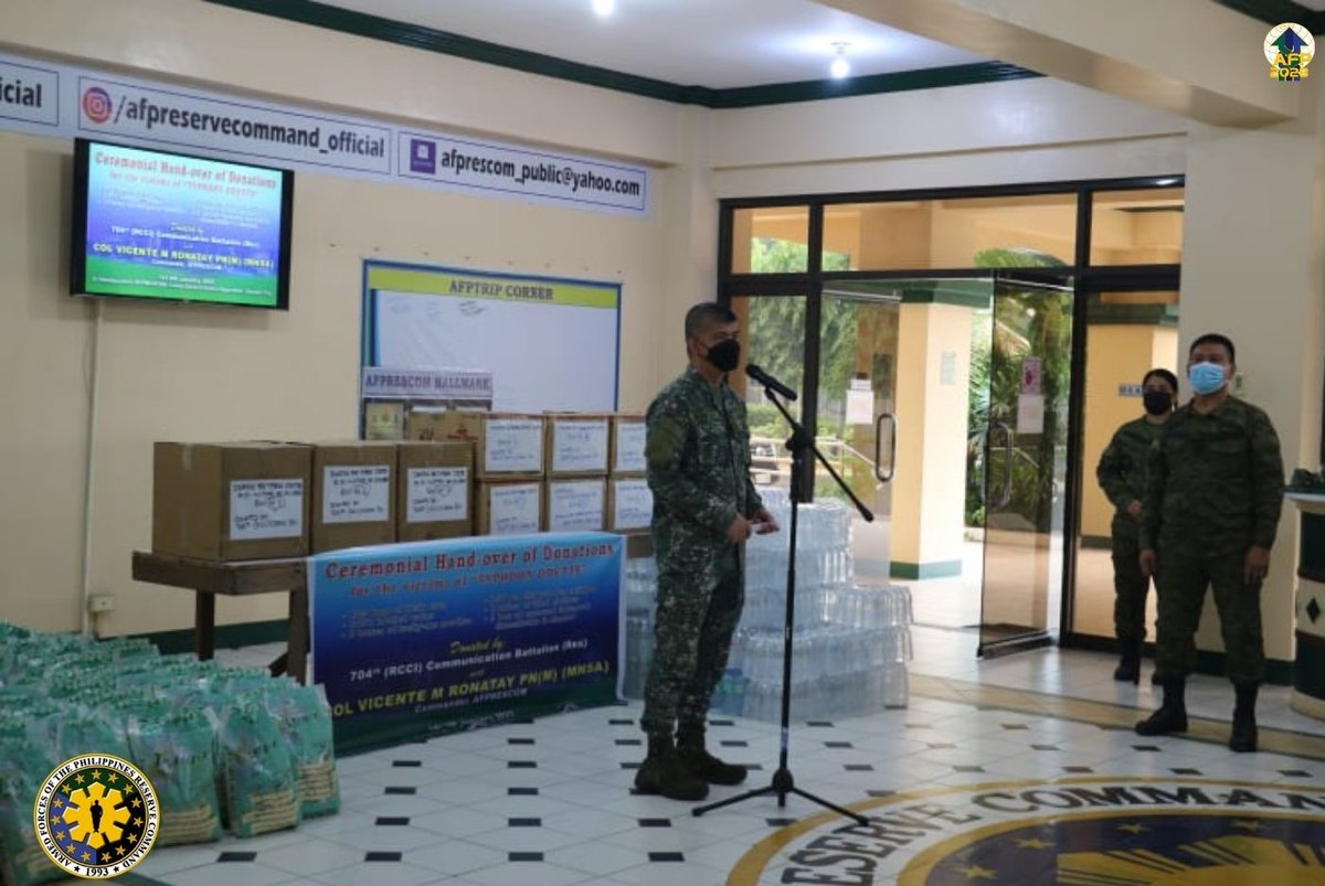 AFPRESCOfficial's tweet photo. The AFP Reserve Command conducted a Ceremonial Hand-over of donation of relief goods for the victims of typhoon Odette particularly in Eastern Visayas, Surigao Island and Bohol Provinces. The ceremony was spearheaded by Commander, AFPRESCOM, COL VICENTE M RONATAY PN(M) MNSA. https://t.co/pMXLfGmaEW