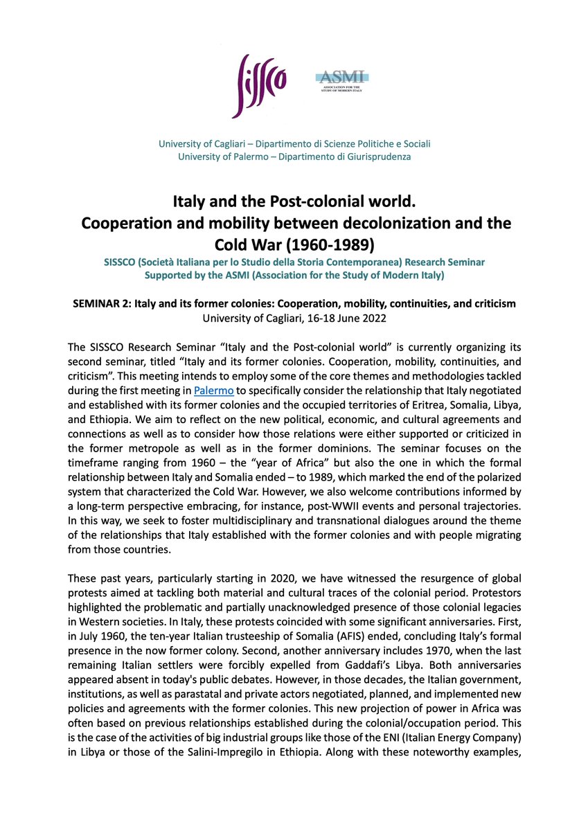GianmarcoMancos's tweet photo. Happy to share the #cfp for the 2nd SISSCO-ASMI event "Italy and the Post-colonial World" (Cagliari 16-18 June '22) on the relationship post-fascist Italy established with its former colonies (abstracts due by 13th March 2022) https://t.co/bChw6KZJ84 #decolonitaly #itpocoworld https://t.co/lVRdeNR5Va