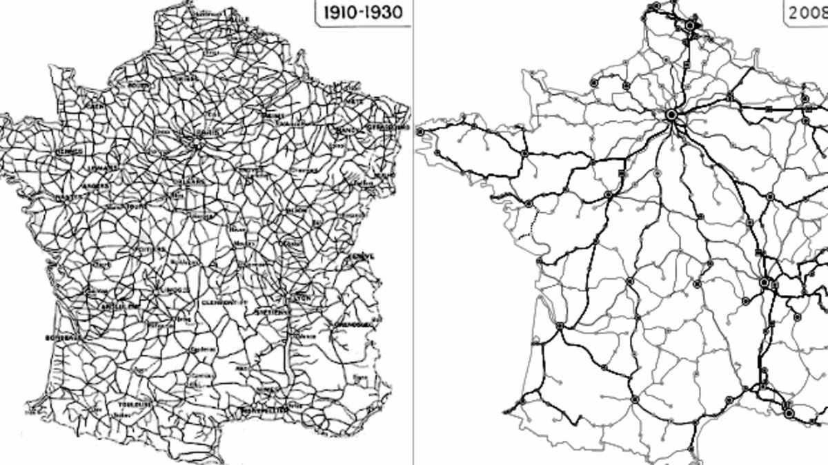 Fabien_Roussel's tweet photo. Voici le drame de notre pays : la diminution du maillage des lignes de train entre 1910 et 2008. 

Je propose une véritable mesure écologique et concrète : un investissement de 50 milliards sur 15 ans pour remettre en place un vrai maillage territorial. https://t.co/oPxBiUuKkW