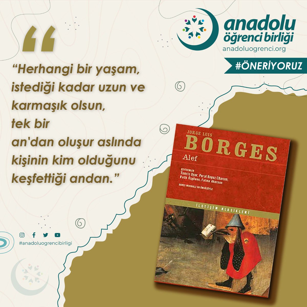 Aöb Kahramanmaraş (@aobkmaras46) on Twitter photo 📚 Haftanın kitabı ✨
Jorge Luis Borges’ın Alef adlı eseri 📖
#ÖNERİYORUZ #JorgeLuisBorges #Alef 📚 Haftanın kitabı ✨
Jorge Luis Borges’ın Alef adlı eseri 📖
#ÖNERİYORUZ #JorgeLuisBorges #Alef