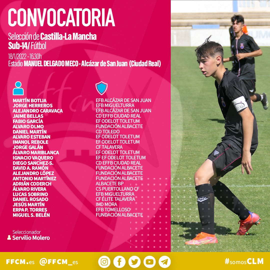 FFCM_es's tweet photo. 🛡 SELECCIÓN |

📝 Tercera convocatoria
👤 Servilio Molero
⚽️ Sub-14 #fútbol
📍 @imdalcazar (Ciudad Real)
🆚 @EFB_Alcazar Cadete 

#somosCLM #selecciónCLM https://t.co/sFuPNKJ1yQ