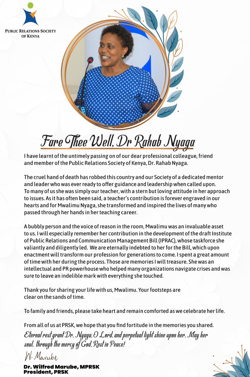 prskkenya's tweet photo. #TeamPR we have sadly lost one of our own: a friend, teacher, colleague & mentor to many in the PR industry; Dr Rahab Nyaga. She valiantly led the team that developed the draft #IPRAC Bill, a contribution we shall be eternally indebted for.
May Mwalimu's soul Rest in Peace. https://t.co/77nLlhyzB9