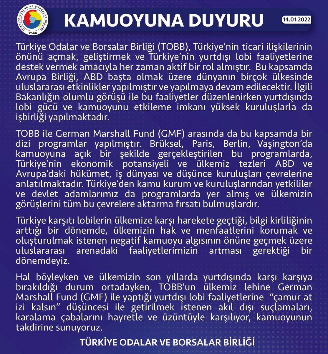 karapinartb's tweet photo. Türkiye Odalar ve Borsalar Birliği’nden (TOBB) kamuoyuna duyuru…
@TOBBiletisim @RHisarciklioglu https://t.co/ip9mUr97x8