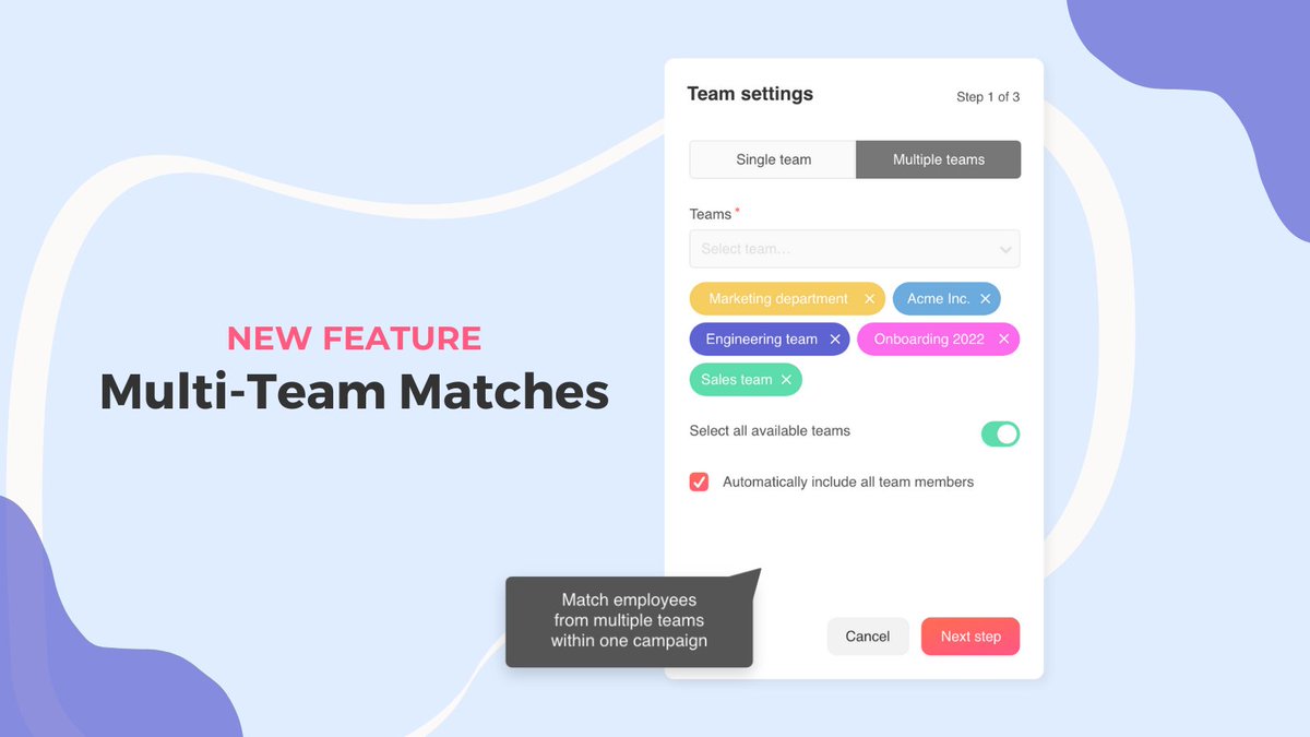 yuccaHR's tweet photo. Start your first Multi-Team Match with @yuccaHR and connect employees from all teams or selected teams within your organization. 🤩

Ready for a Multi-Team Match? Book your free demo now! https://t.co/6BvB6vcbIi

#EmployeeExperience #EmployeeEngagement #onboarding #hrtech https://t.co/dVeCVXntNO